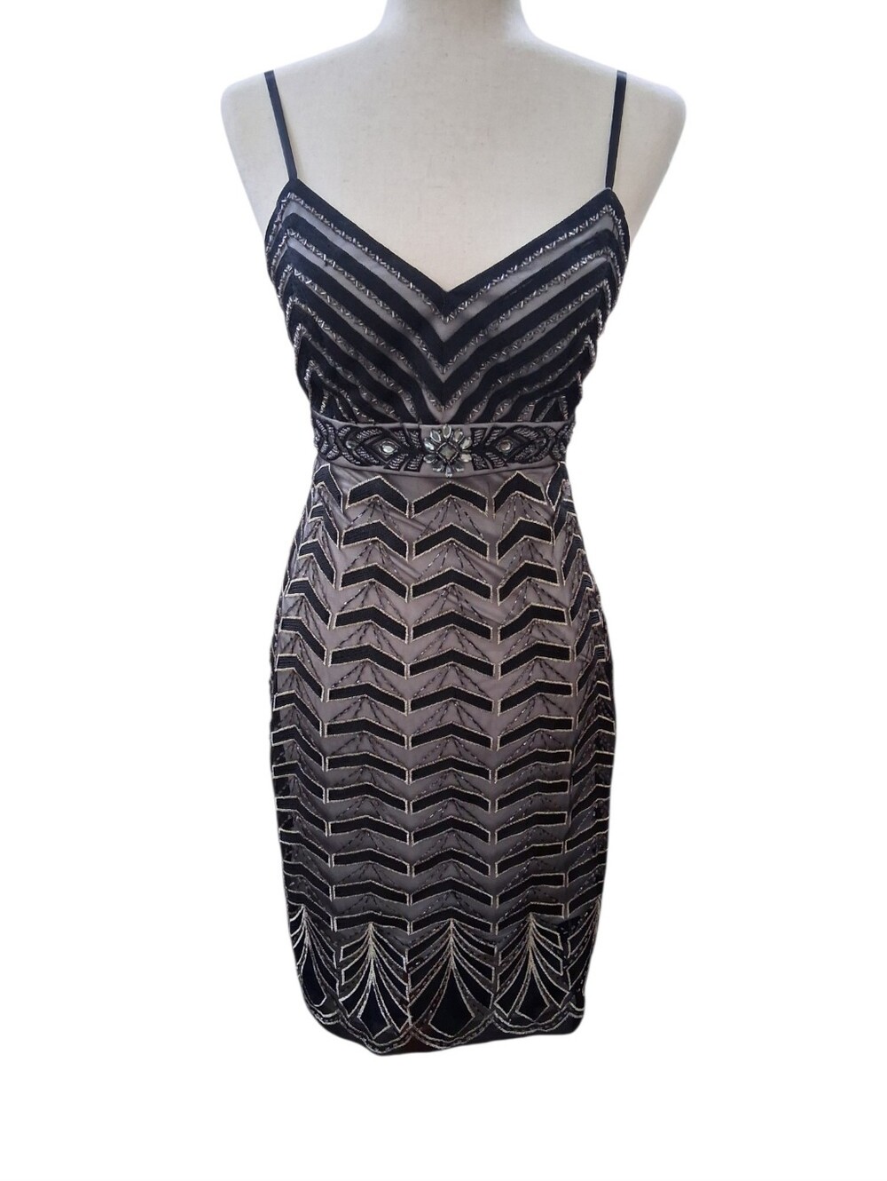 Sue Wong Nocturne Black Platinum Beaded Art Deco Flapper Cocktail Dress Sz 2 VTG